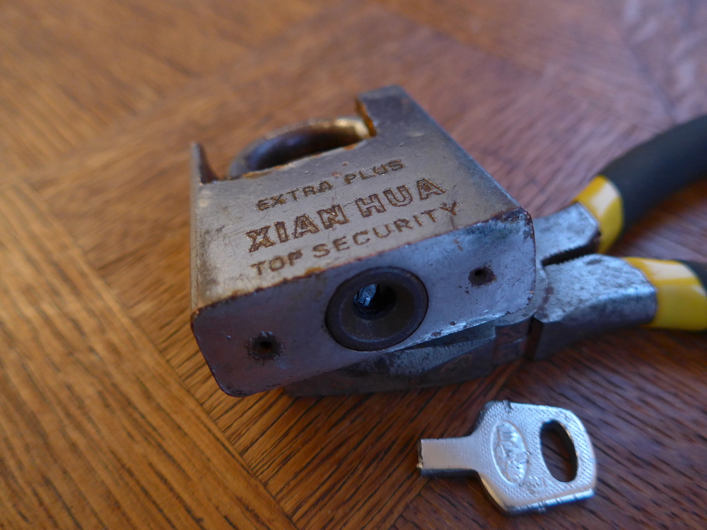 I made it worse by snapping off the key, by trying too hard to force it to turn. I was able to pry out the broken-off key shaft with the pointy tweezers in my jeweller’s screwdriver set. I do not have a spare key.